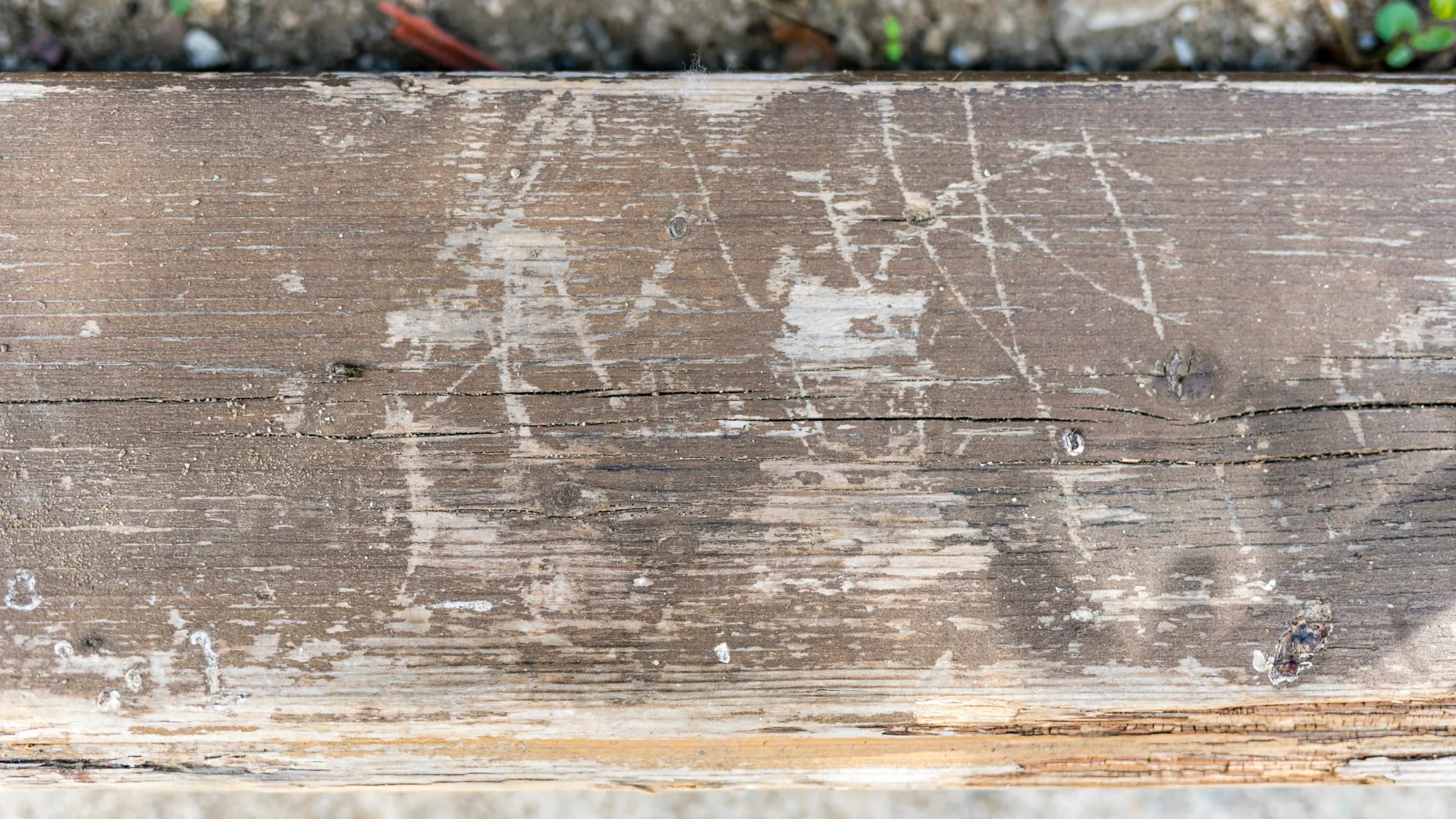 Wood surface showing signs of moisture damage, scratches, and UV discoloration